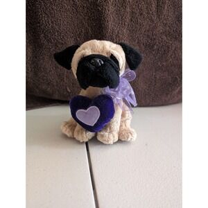 E&J Classic Puggle Dog Plush Stuffed Animal Puppy Beige Puglet Purple Heart Bow